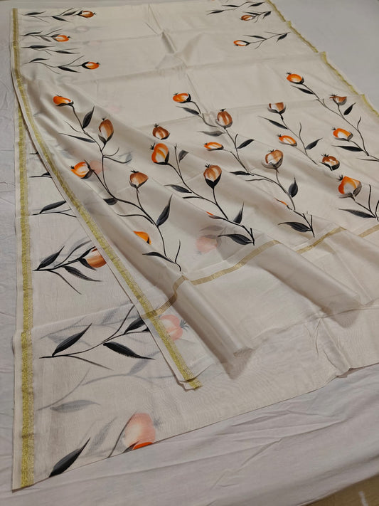 chanderi silk floral hand painted saree | Natural Dye | running blouse | white color |