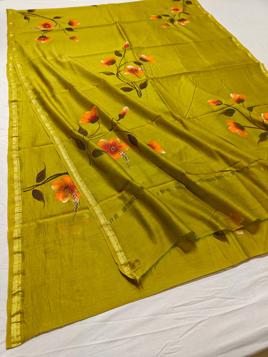 chanderi silk floral hand painted saree | Natural Dye | running blouse | masturd color |