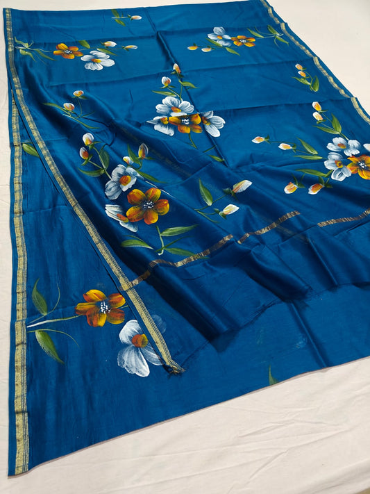 chanderi silk floral hand painted saree | Natural Dye | running blouse | blue color |