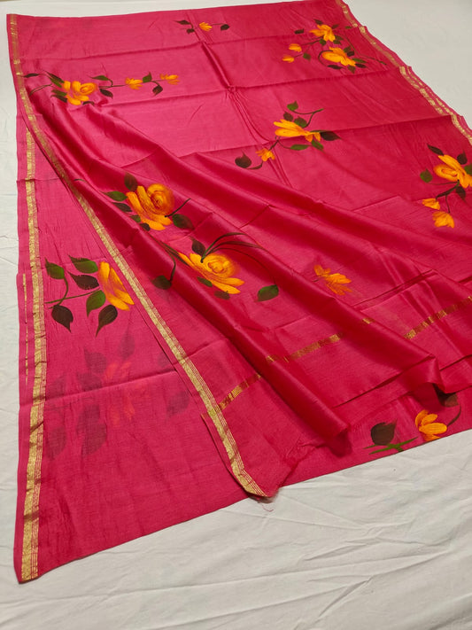 chanderi silk floral hand painted saree | Natural Dye | running blouse |