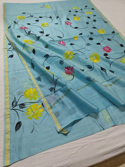 chanderi silk floral hand painted saree | Natural Dye | running blouse | sky blue |