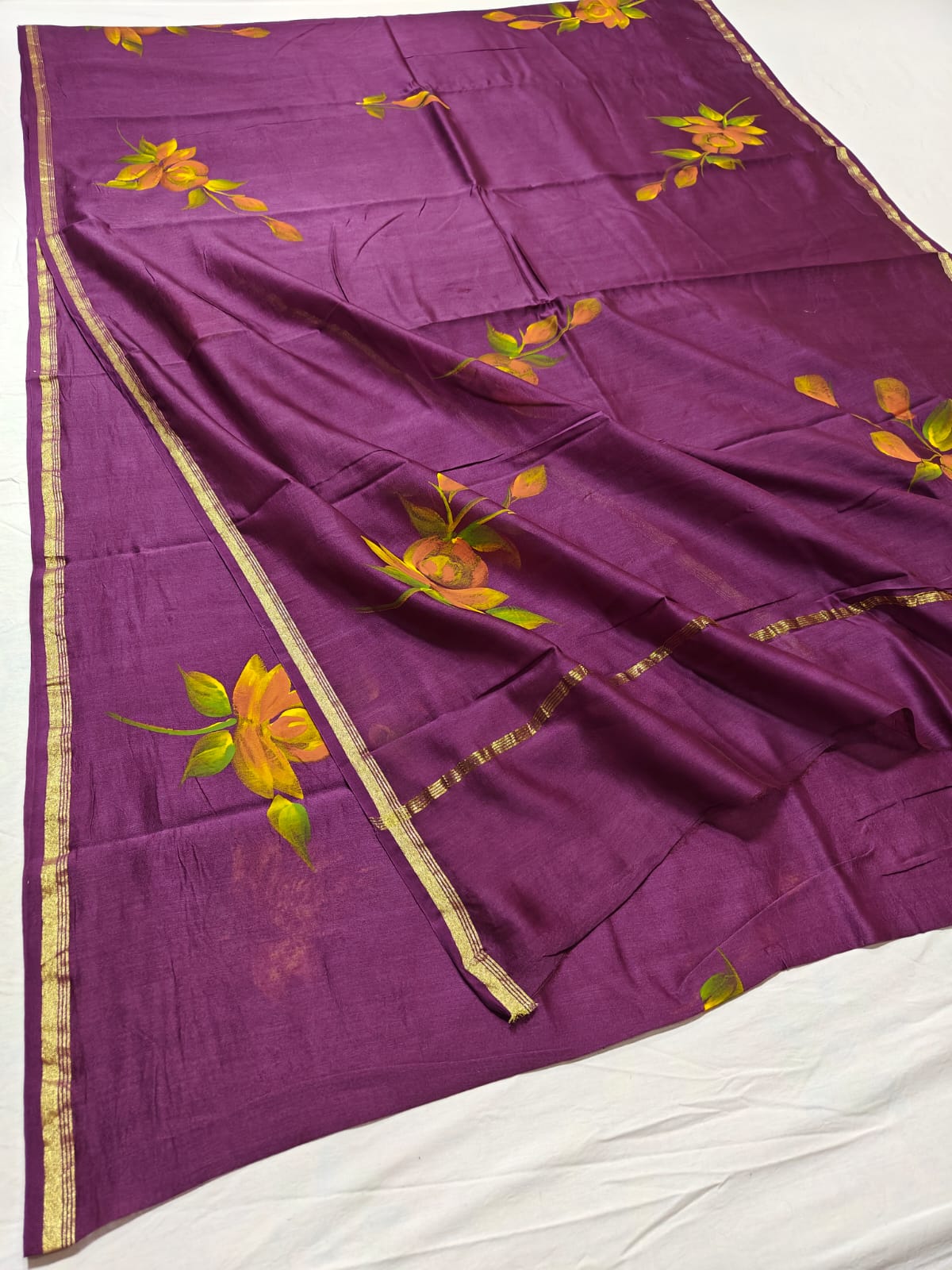 chanderi silk floral hand painted saree | Natural Dye | running blouse |