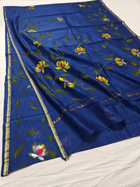 chanderi silk floral hand painted saree | Natural Dye | running blouse | blue color |