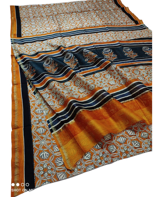 CHANDERI SILK HANDBLOCK JAUTA PRINT SAREE WITH BLOUSE | NETURAL DYE | ORANGE & OFF WHITE COLOR