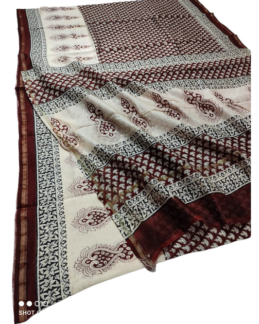 CHANDERI SILK HANDBLOCK JAUTA PRINT SAREE WITH BLOUSE | NETURAL DYE | MAROON & OFF WHITE COLOR