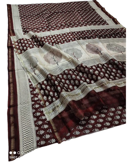 CHANDERI SILK HANDBLOCK JAUTA PRINT SAREE WITH BLOUSE | NETURAL DYE | MAROON & OFF WHITE