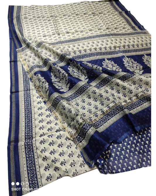 CHANDERI SILK HANDBLOCK JAUTA PRINT SAREE WITH BLOUSE | NETURAL DYE | OFF WHITE & BLUE COLOR