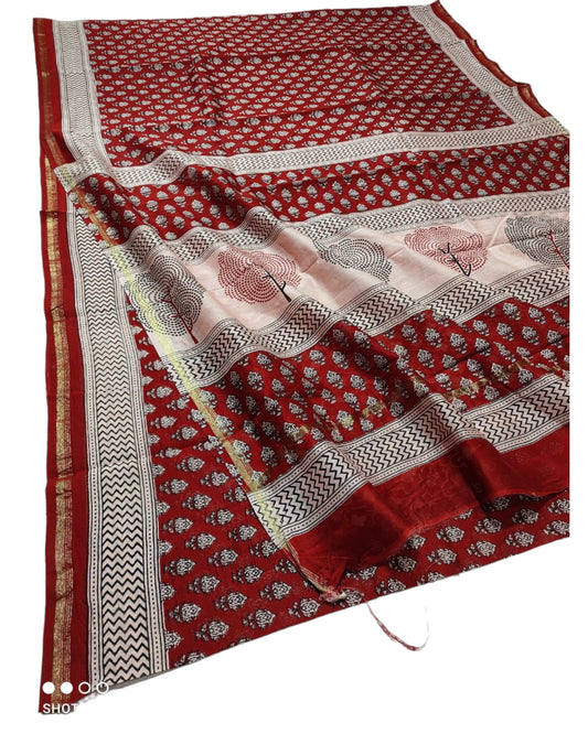 CHANDERI SILK HANDBLOCK JAUTA PRINT SAREE WITH BLOUSE | NETURAL DYE | RED COLOR