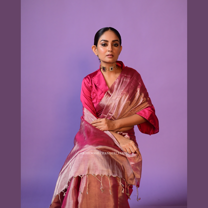 "Onion Pink Chanderi Saree with Silver Zari Shine | Luxurious Handloom Chanderi Pure Tissue Saree | Perfect for Parties"