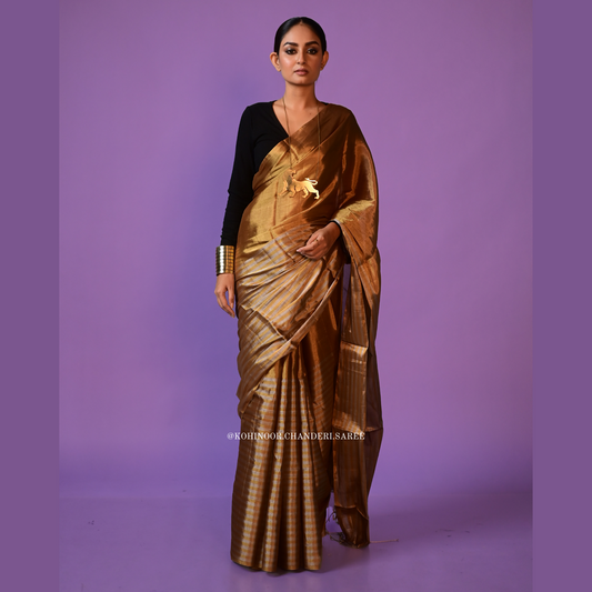 Golden with half strips | handloom chanderi pure tissue | gold & silver zari work