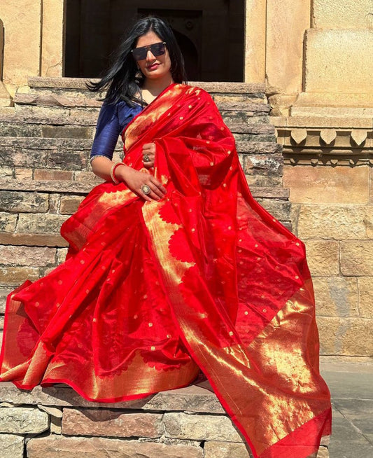 Handwoven Chanderi pure Pattu Silk Saree | Red | Golden Zari