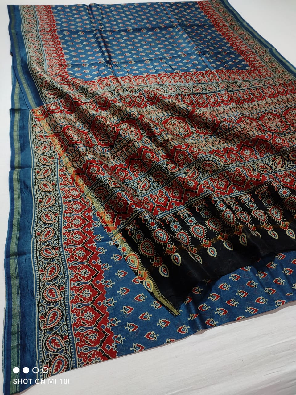 chanderi silk ajrakh block print saree | natural dye | multicolor