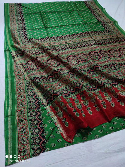 chanderi silk ajrakh block print saree| natural dye| multicolor