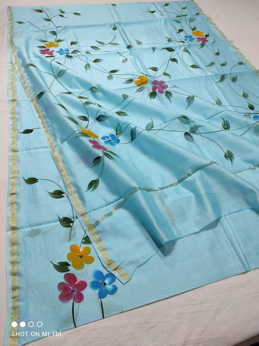 chanderi silk floral hand painted saree | natural dye | sky blue