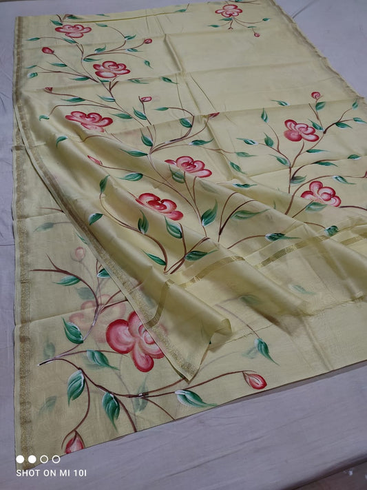 chanderi silk floral hand painted saree | Natural Dye | running blouse | yellow color