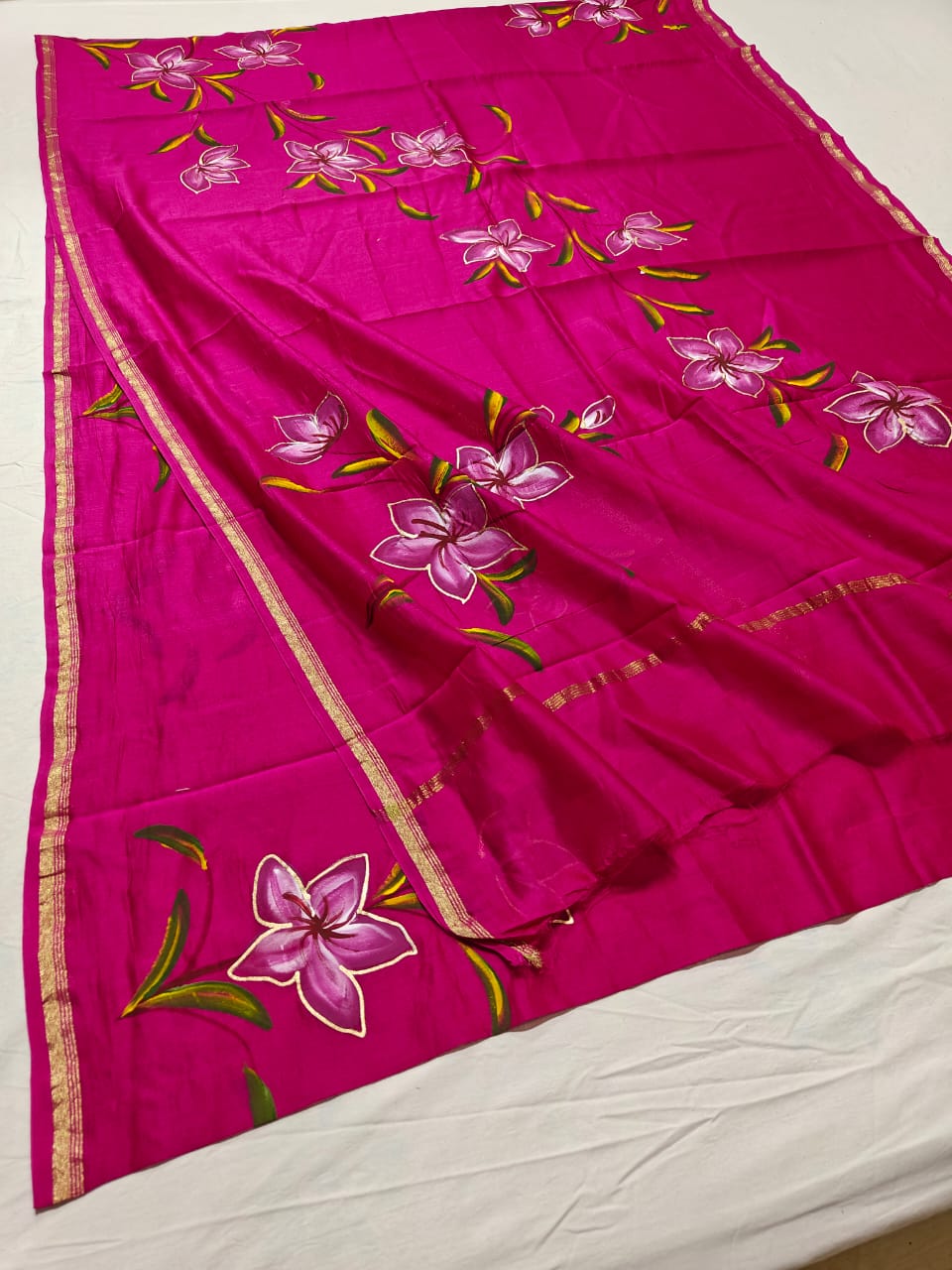 chanderi silk floral hand painted saree | Natural Dye | running blouse | Rani pink colour