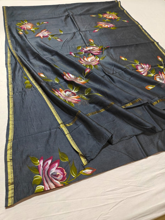 chanderi silk floral hand painted saree | Natural Dye | running blouse | grey colour