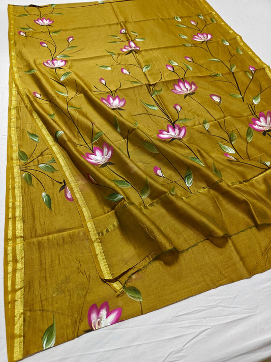 chanderi silk floral hand painted saree | Natural Dye | running blouse | mustard yellow