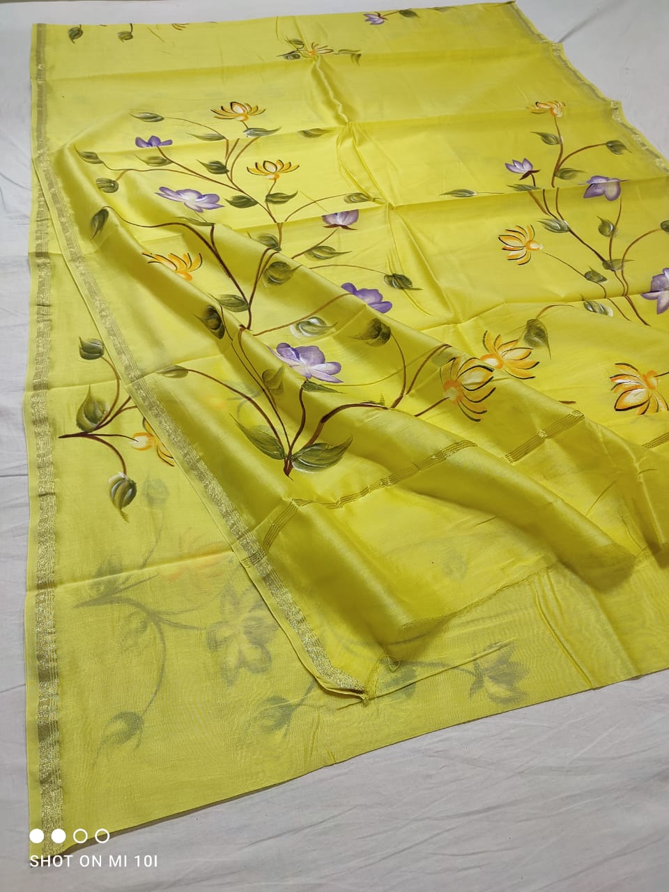 chanderi silk floral hand painted saree | Natural Dye | running blouse | yellow colour