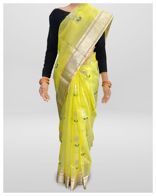 handwoven Chanderi pure Katan Silk Saree | Yellow | plain border