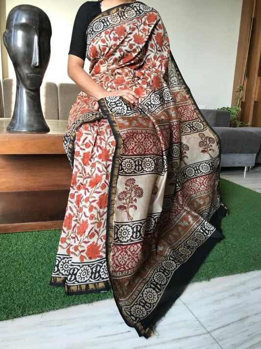 handblock Kalamkari   printed chanderi silk saree | with blouse peice netural dye | non remuvable print|