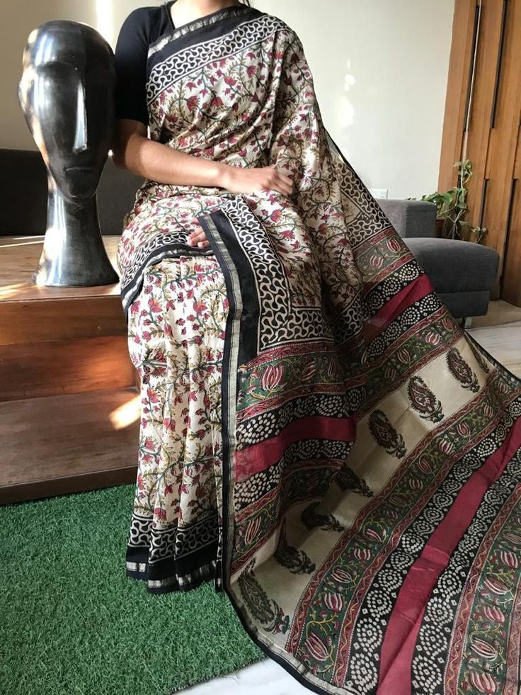 handblock Kalamkari   printed chanderi silk saree |with blouse peice netural dye | non remuvable print|