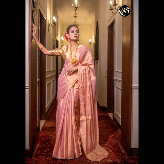 pink colour pure handloom Chanderi non transparent tissue saree | Golden Zari work